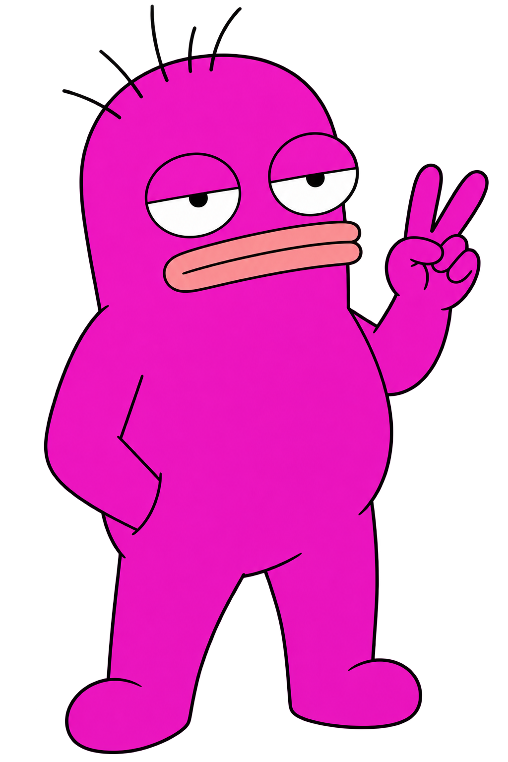 Wubby, a pink alien throwing up a peace sign